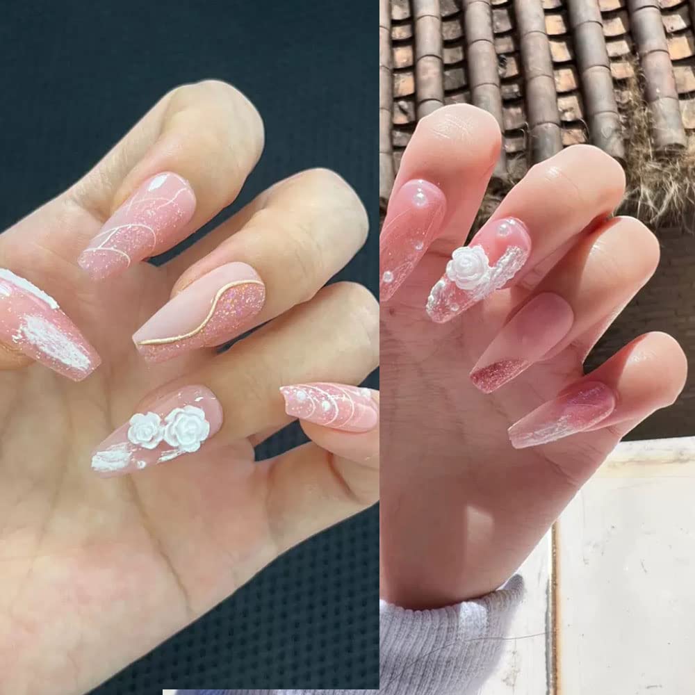Magrace Handmade Press on Nails Medium Blue Fake Nails Long Coffin Stick on Nails for Womrn Gel UV Finish Handmade Nail Art with Design 10 pcs