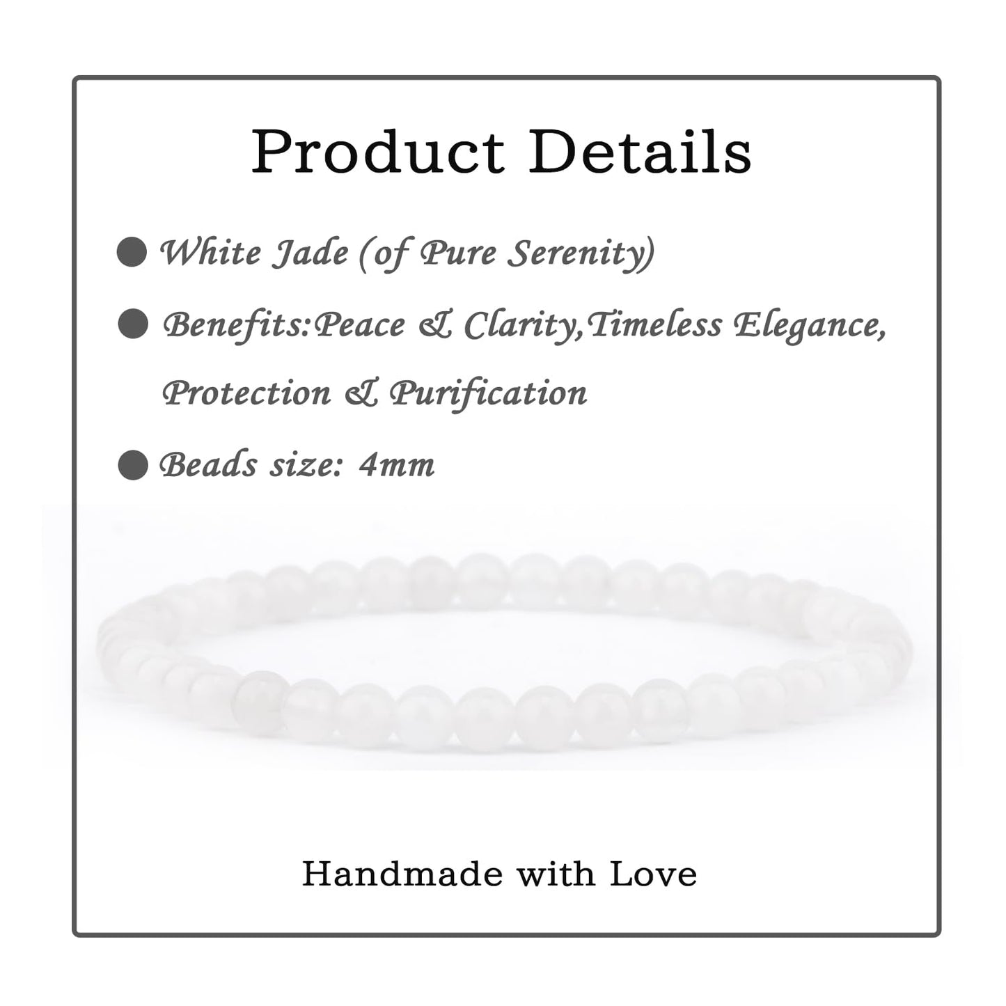 Bymitel 4mm White Jade - Handmade Reiki Gemstone Stretch Bracelet, Natural Beauty & Spiritual Essence, Crystal Healing for Unisex Adults