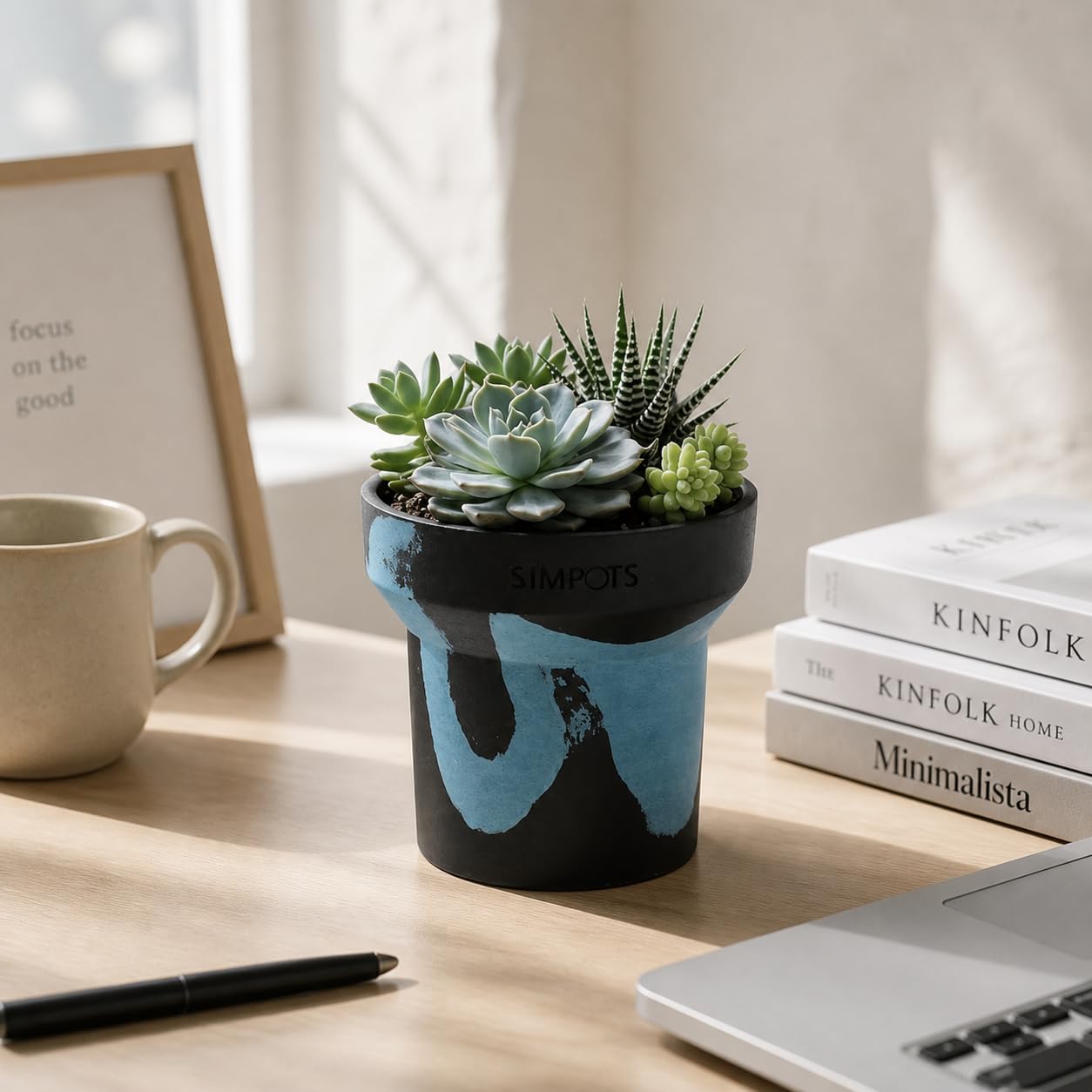 ONE ART Modern Planter Pot, Stone & Recycled Ocean Plastic, Frost Proof Indoor Outdoor Plant Pot for Succulents Flowers Herbs, Unique Hand-Finished Pattern, Lightweight Minimalist Decor (Small)
