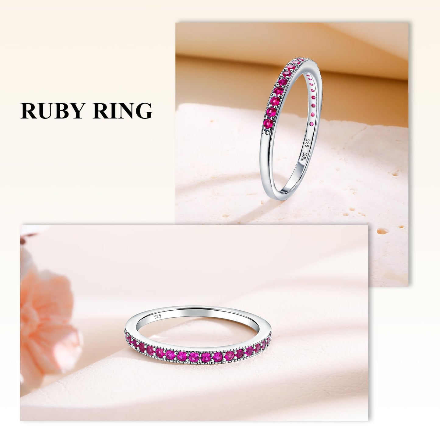 AGRULE Women's 14K White Gold Plated Sterling Silver 0.4 Carat Ruby Wedding Band Red Stone Ring Bezel Set 5A Cubic Zirconia Rings, Size 10