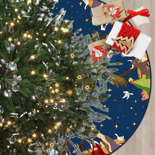 Navy Blue Nativity Scene Christmas Tree Skirt 48 inch Religious Jesus Nativity Scene Xmas Tree Collar Christian Christmas Tree Mat Holiday Jesus Indoor Outdoor Party Decor