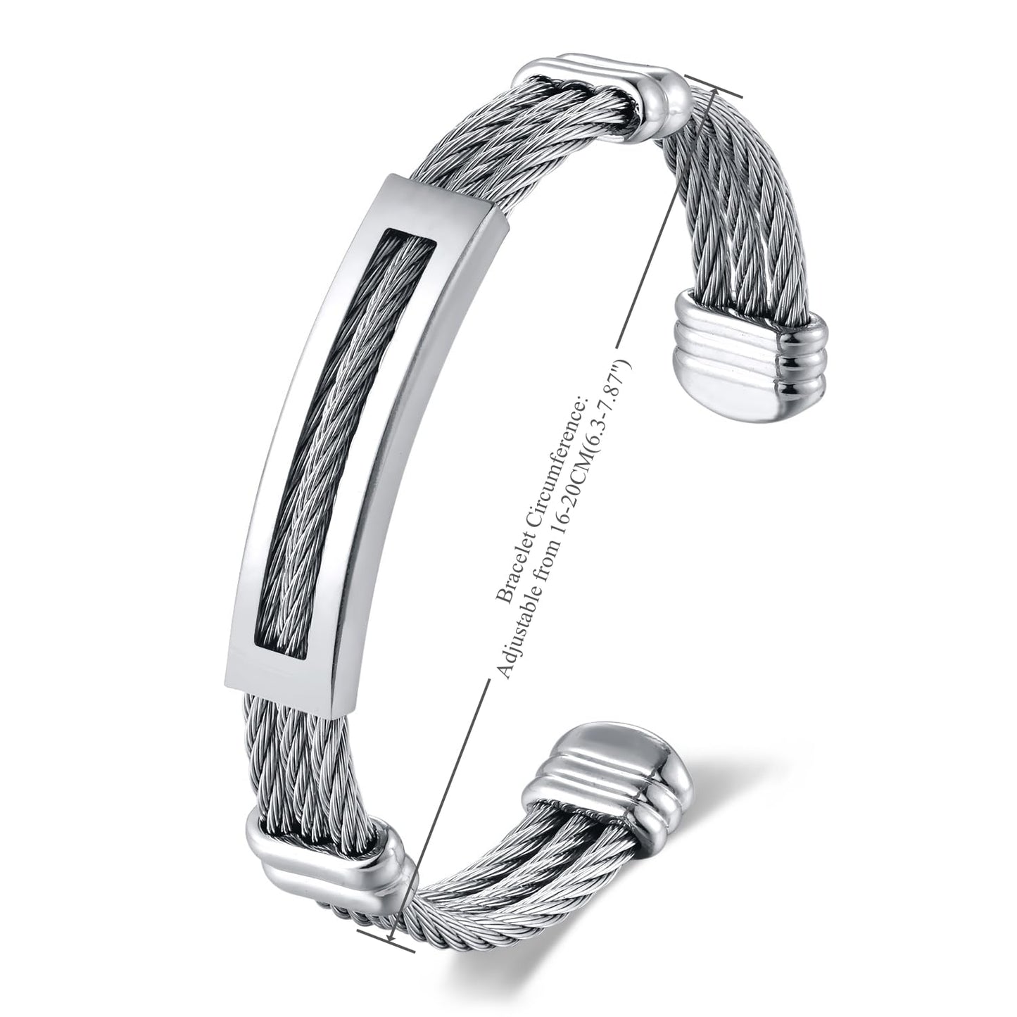 BIYONGDE Mens Stainless Steel Twisted Cable Cuff Bracelet, Open Bangle Bracelet for Unisex, Classic and Urban Style (Silver Color)