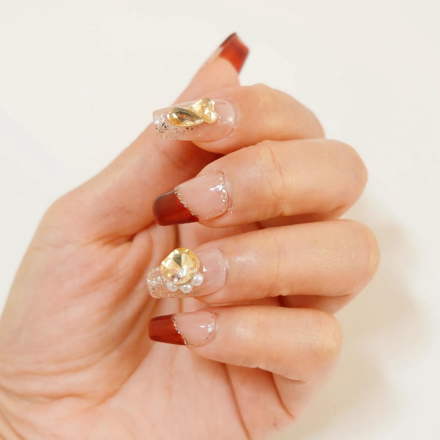 Tesytto Valentine French Tip Press On Nails Red Short Coffin - Nude Base Gold Glitter with 3D Rhinestone Decor Handmade Nails for Wedding, Party, New Year (Wine Red Romance,M)