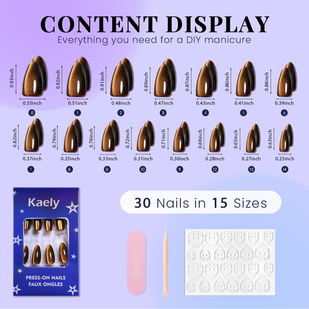 evpct Orange Red Cat Eye Chrome Press on Nails Almond Medium with Design, Holographic Medium Almond Stick on Fake Nails for Women, Glossy Cat Eye Effect, Perfectly Fit Salon-quality Soft False Nail