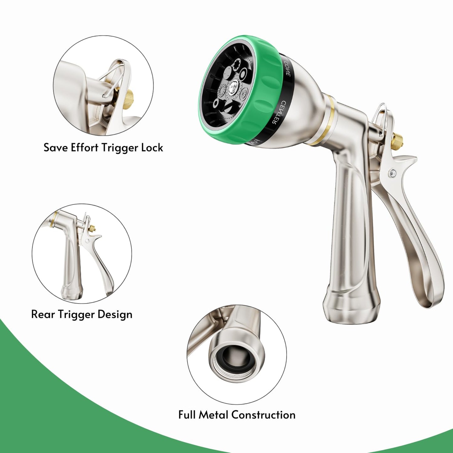 HOSUN 100% Metal Heavy Duty Garden Hose Nozzle Sprayer | 7 Spray Patterns, Lockable Rear Trigger, High Pressure for Plant Watering, Lawn Care, Car Washing & Pet Bathing