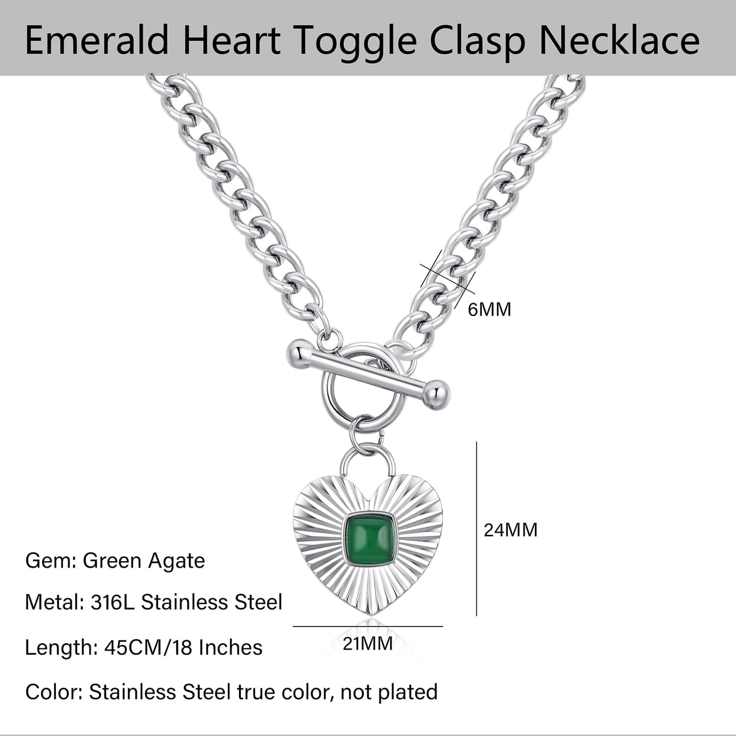 NUZON Chunky Sunburst Heart Pendant Necklace with Green Agate Solitaire Stainless Steel Silver Curb Cuban Thick Chain Toggle Bar Clasp Statement Jewelry for Women 18’’