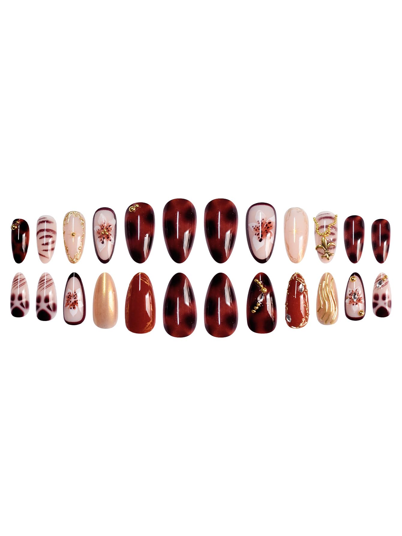 SEENEEY Medium Almond Press on Nails Brown Fake Nails Floral Artificial Nail with Gold Charm Designs Glitter Stick on Nail for Women 24pcs