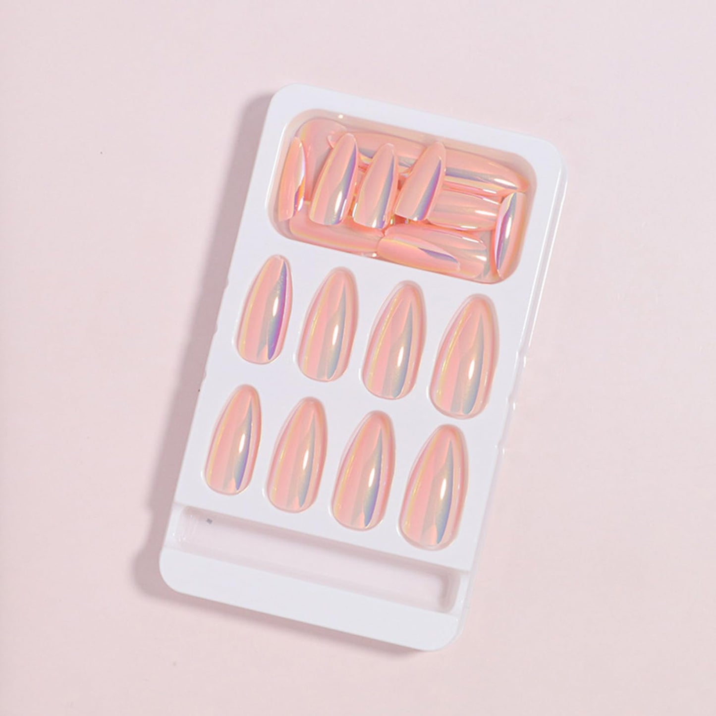 24Pcs Chrome Press on Nails Medium Almond Fake Nails Pink Aurora False Nails Glossy Quality Nail Tips Full Cover Glue on Nail Cute Acrylic Stick on Nails for Women Quick Manicure Kit