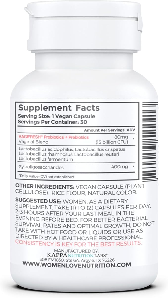 VAGIFRESH Vaginal Probiotics, pH Balance, Prebiotics & Lactobacillus. Women's Vaginal Health Supplement - Healthy Vaginal Odor & Flora, 30 Count.