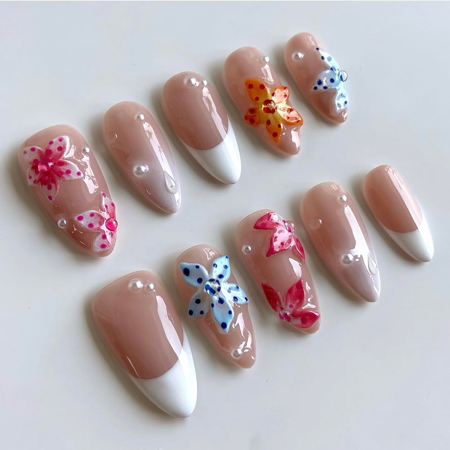 Luxury Press on Nails Medium Almond Handmade 3D Unique Reusable ABS Material Fake Nails White French Tip False Nails with Designs Polka Dots Pearls Flower Glossy Glue on Nail Thick Acrylic Nail(S)