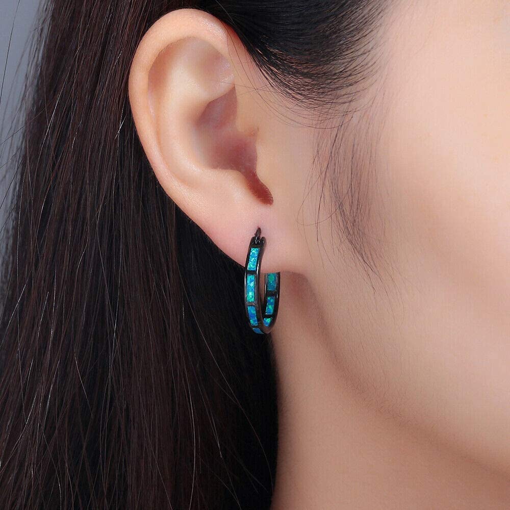 CiNily Opal Hoop Earrings for Women Black Gold Plated Small Hoop Hypoallergenic Ear Hoops Gemstone Round Hoops for Ladies