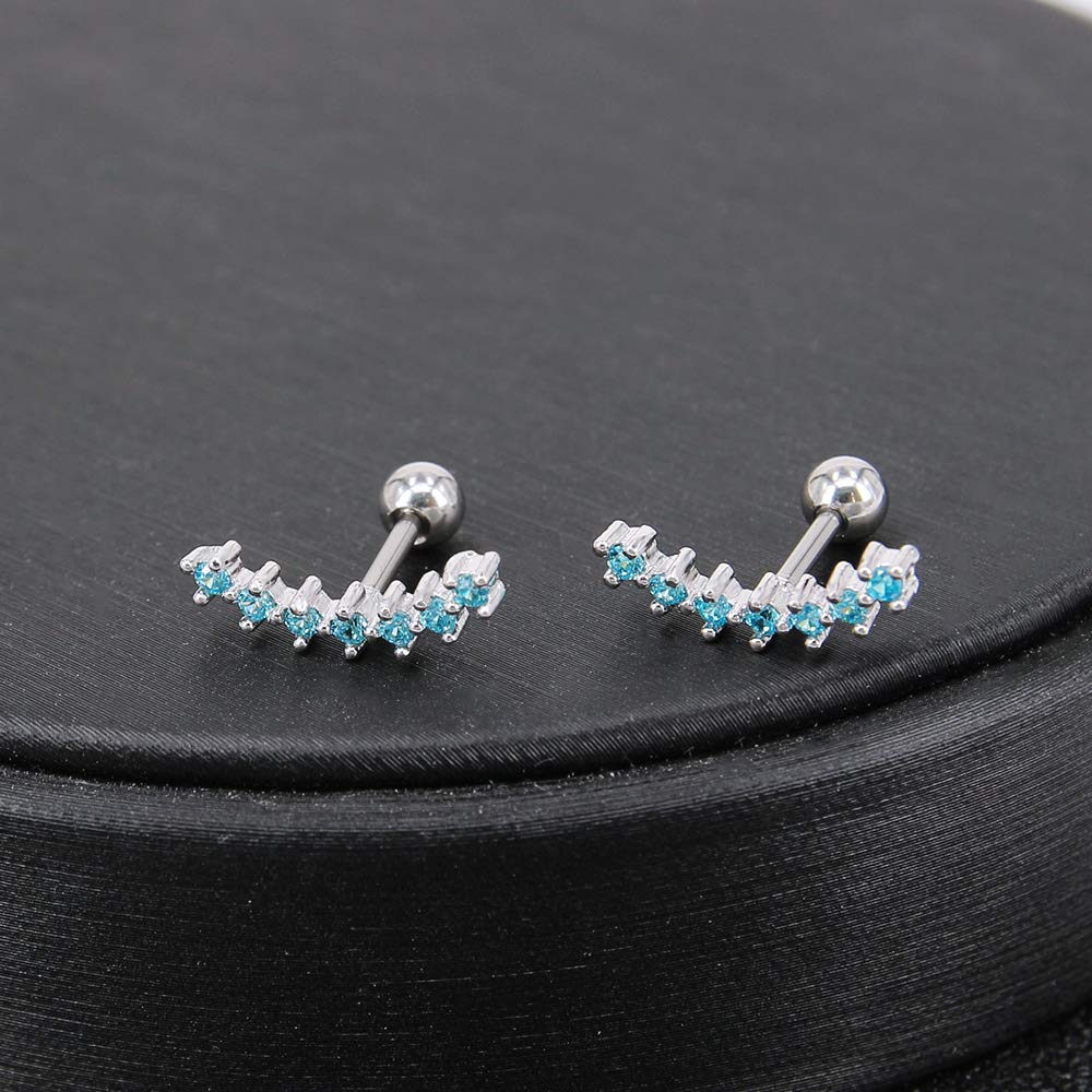 ZS Curve Seven Stud CZ Stud Earrings 316L Stainless Steel Ear Helix Conch Cartilage Piercing (Light Blue)