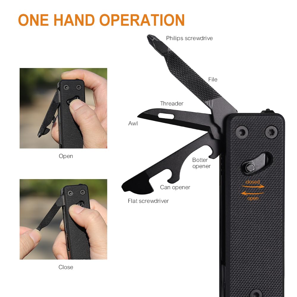 Roxon KS2E Noir Elite D2 Blade 13 in 1 Mini Multi Tool function pocket knife with big scissor, G10 handle and Pocket clip, good for Camping/Backpacking/Emergencies/EDC Multitool (D2 Steel Blade)
