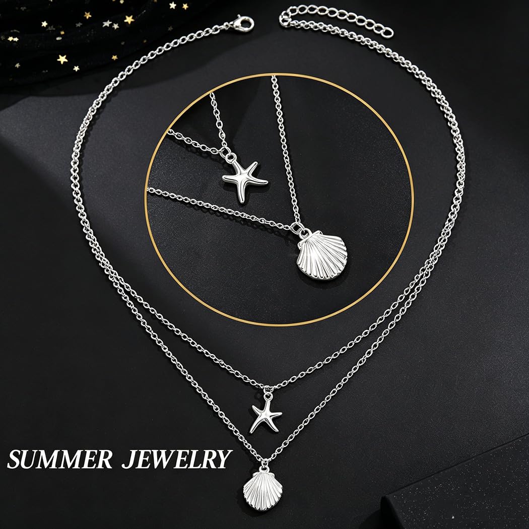 Tgirls Boho Starfish Layered Necklace Shell Pendant Necklace Silver Necklaces Chain for Women (Silver)