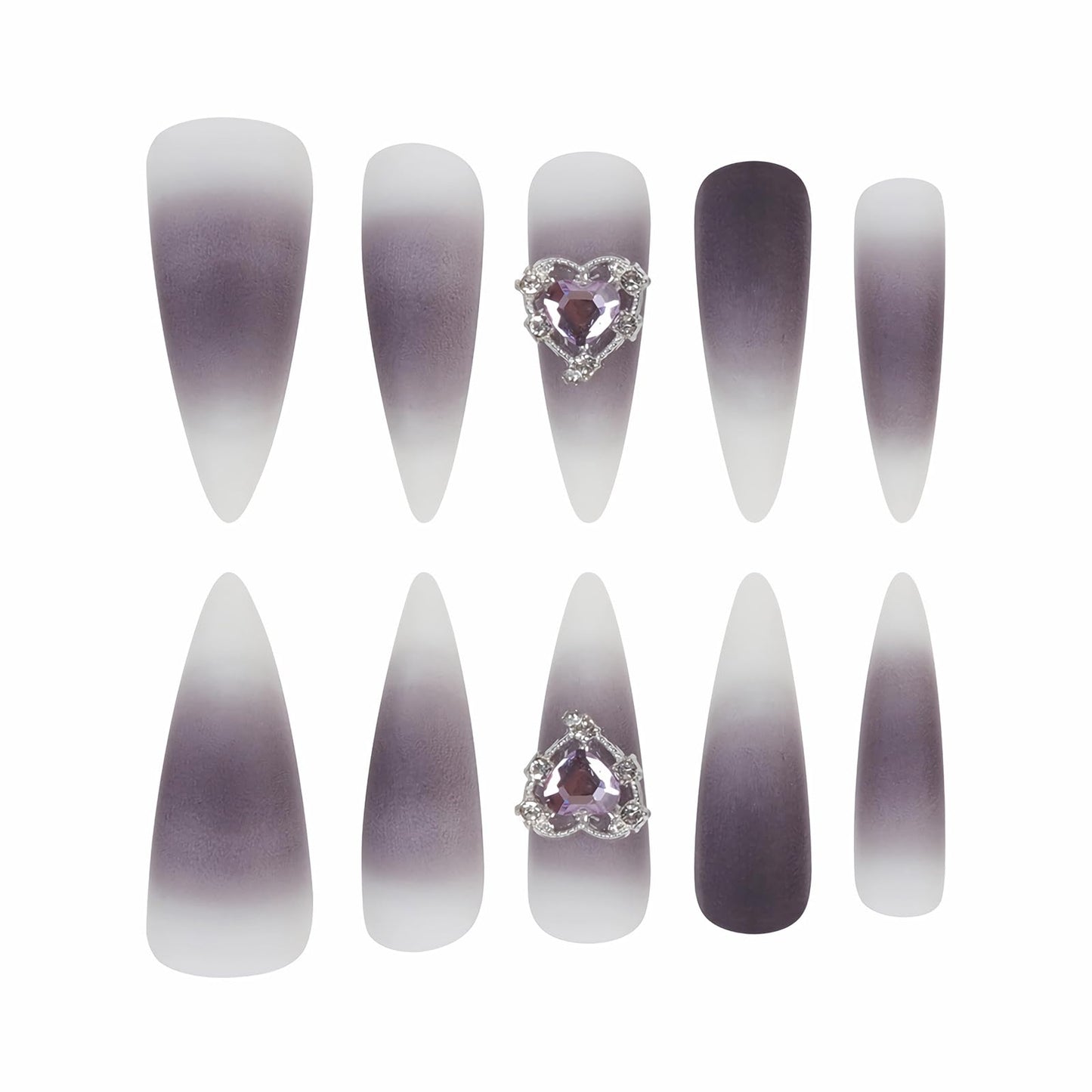 MISUD Press on Nails - Long Stiletto Glue on Nails with Goth Purple Black, Acrylic Rhinestone Design 24 pcs