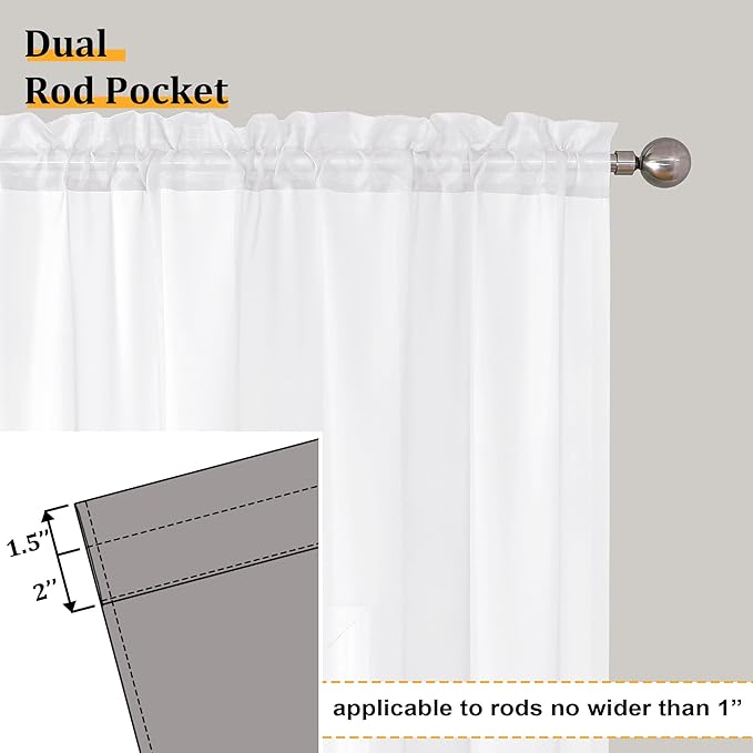 Aiyufeng White Sheer Curtains 54 inch Length Living Room Short Voile Drapes Solid Sheers Cafe Curtains Voile Bathroom Small Window Curtain 2 Panels Set, Rod Pocket, 40" Wx54 L
