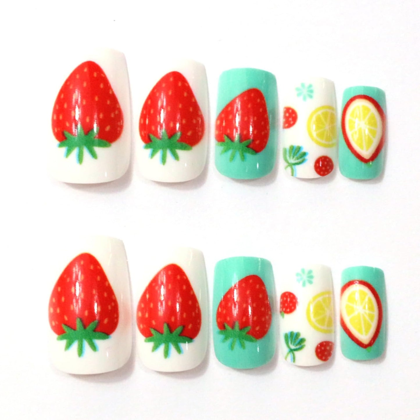Summer Press on Nails Medium Square Fake Nails with Strawberry Lemon Designs Cute Acrylic False Nail Glossy Full Cover Stick on Nail Reusable Artificial Glue on Nails for Women 24Pcs