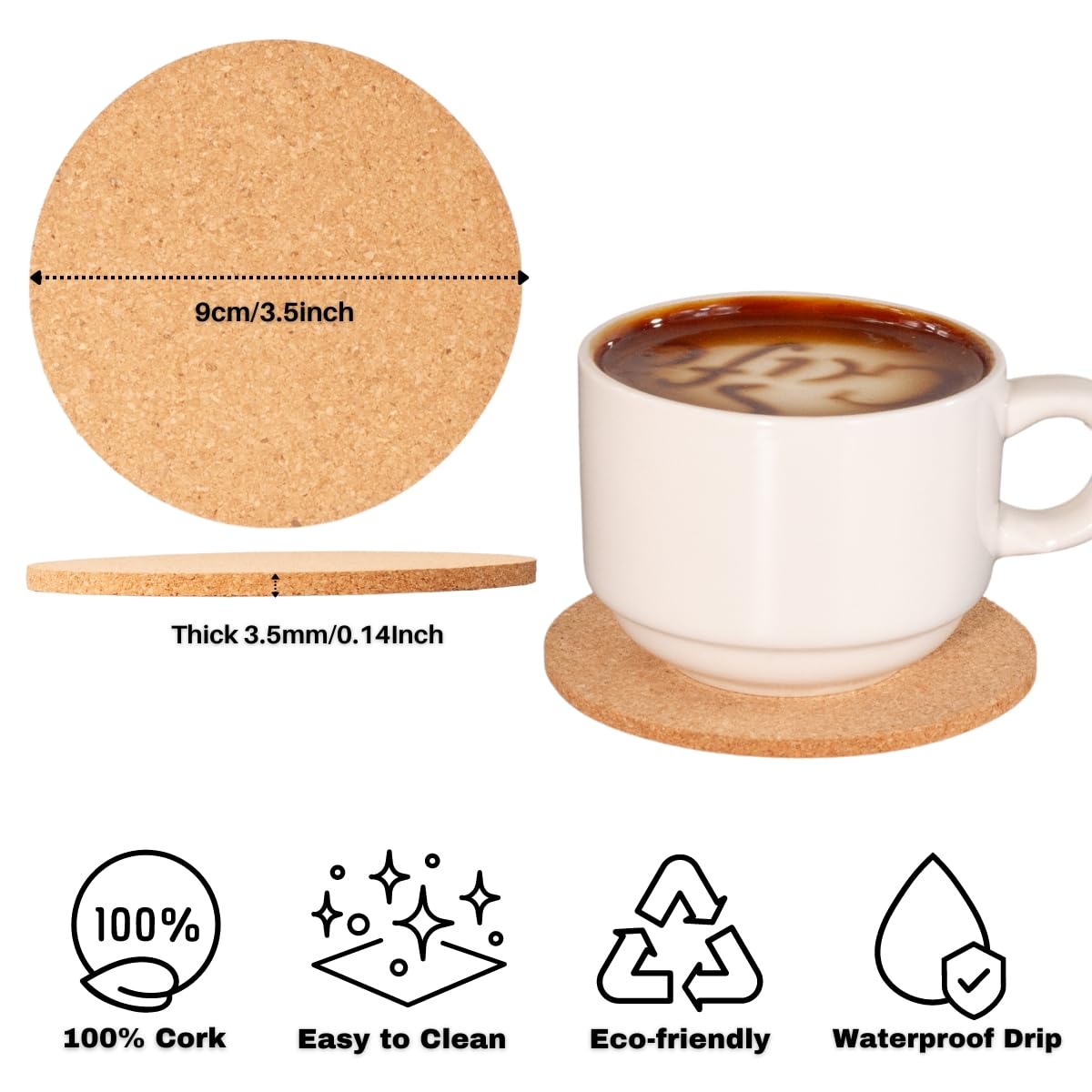 Natural Cork Coasters Bulk 100-Pack - 3.5" Round Absorbent Drink Coasters for Bars, Restaurants & Home Use, Blank DIY Crafts (YHCORK)