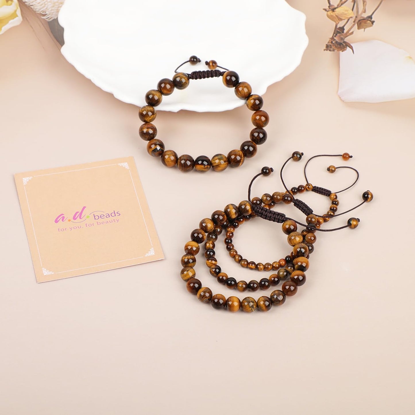 AD Beads 4mm Yellow Tiger's Eye - Courage and Confidence - Handmade Natural Stone Crystal Bracelet with Adjustable Macrame String - Yoga Healing Power Energy Gifts for Men and Women
