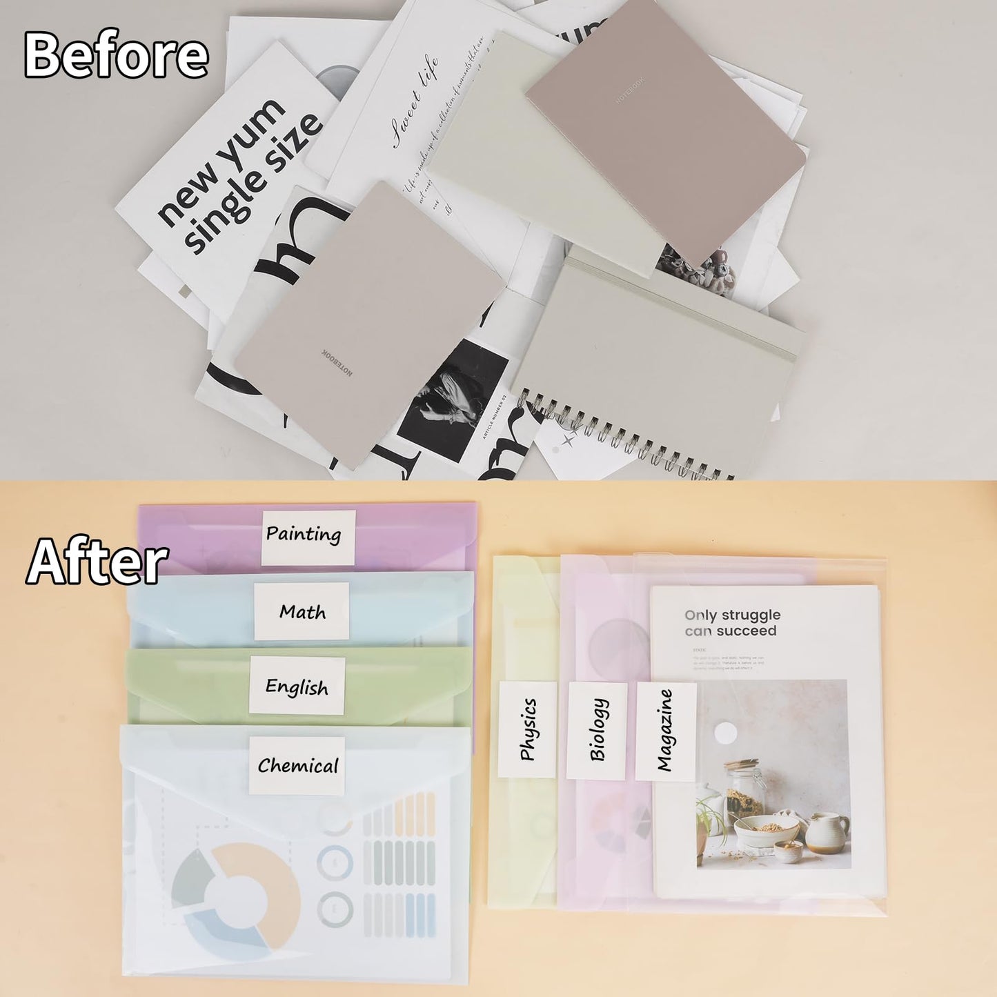 EOOUT 30pcs Plastic Envelopes, Plastic File Folders for Documents, Hook & Loop Closure Poly Folders with Label Pocket A4 Size for School and Office Supplies