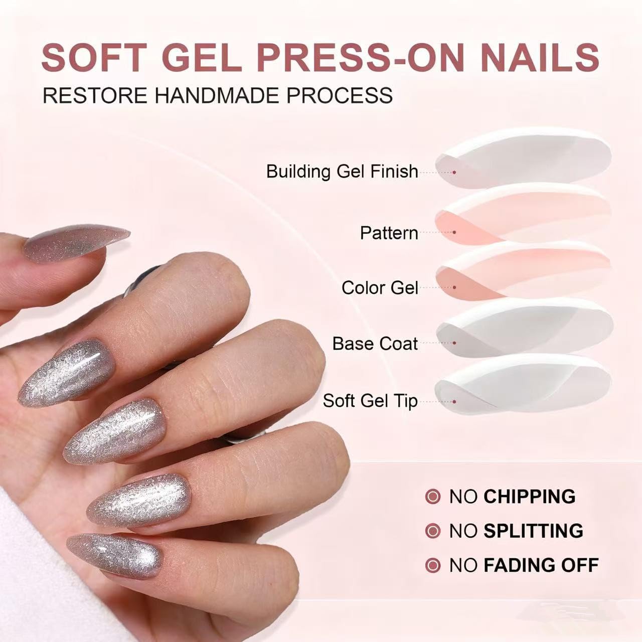 Silver Crystal Cat Eye Medium Almond Press on Nails - Chrome Magnetic Gel Nails Kit, Reusable 32 Pcs with Glue & 16 Sizes for Women, Parties, Events