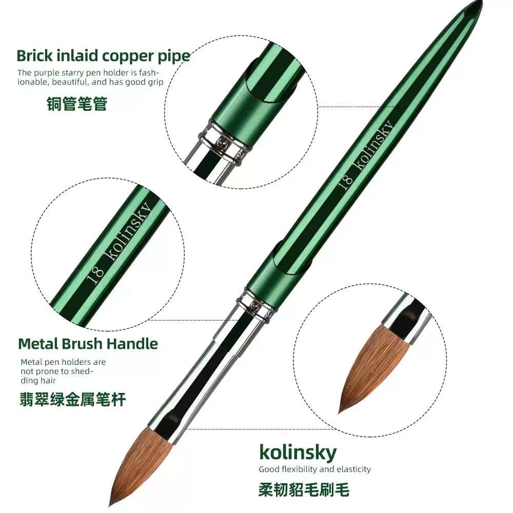 100% Kolinsky Nail Art Brushes Acrylic Nail Brushes Pure Kolinsky Hair Acrylic Crystal Chrome Green Handle with Silver Ferrule Round Shaped for Women Girls Manicure Tools Accessories-Size 12