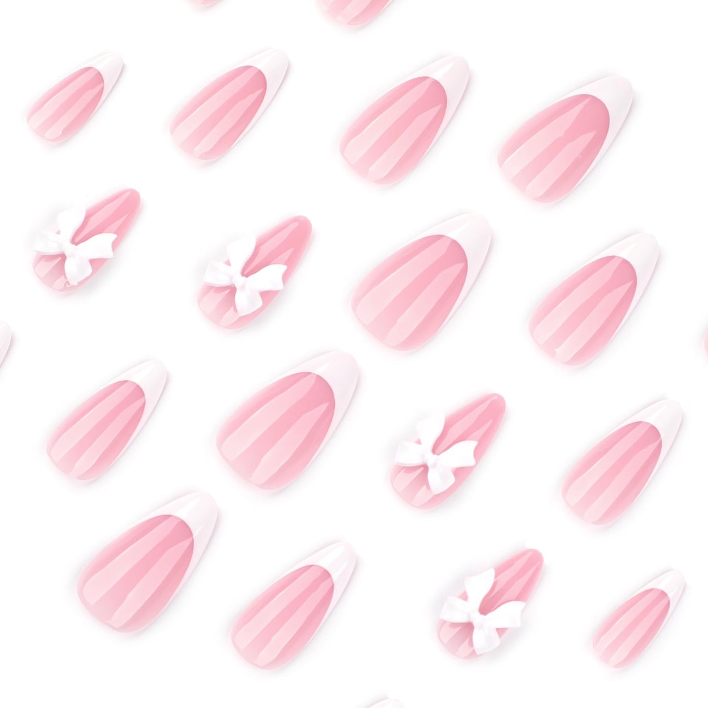 CTTHNBD Almond Press on Nails - White French Tip Fake Nails with Bow Charms Design - Glossy, Medium False Nails - for Women 24 Pcs