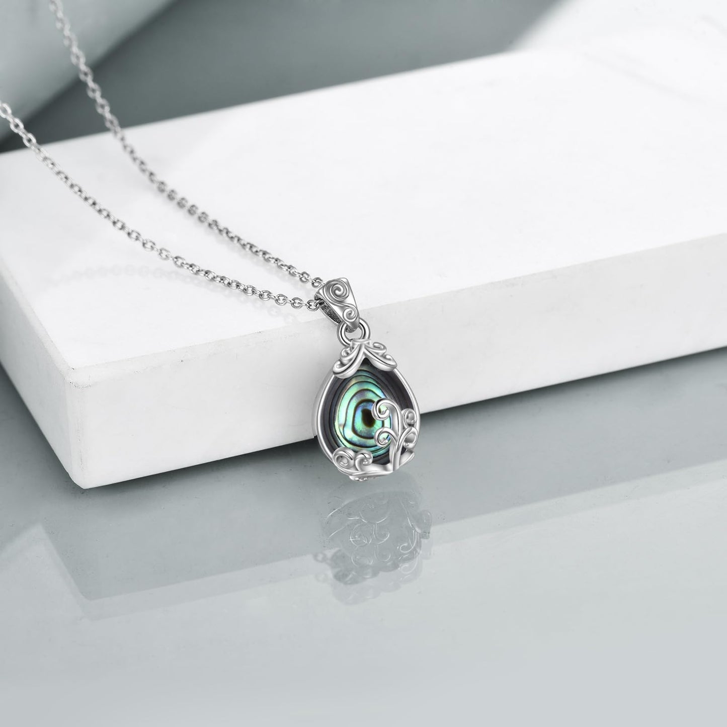 POPLYKE Sterling Silver Abalone Shell Filigree Teardrop Pendant Necklace Gemstone Crystal Jewelry for Women