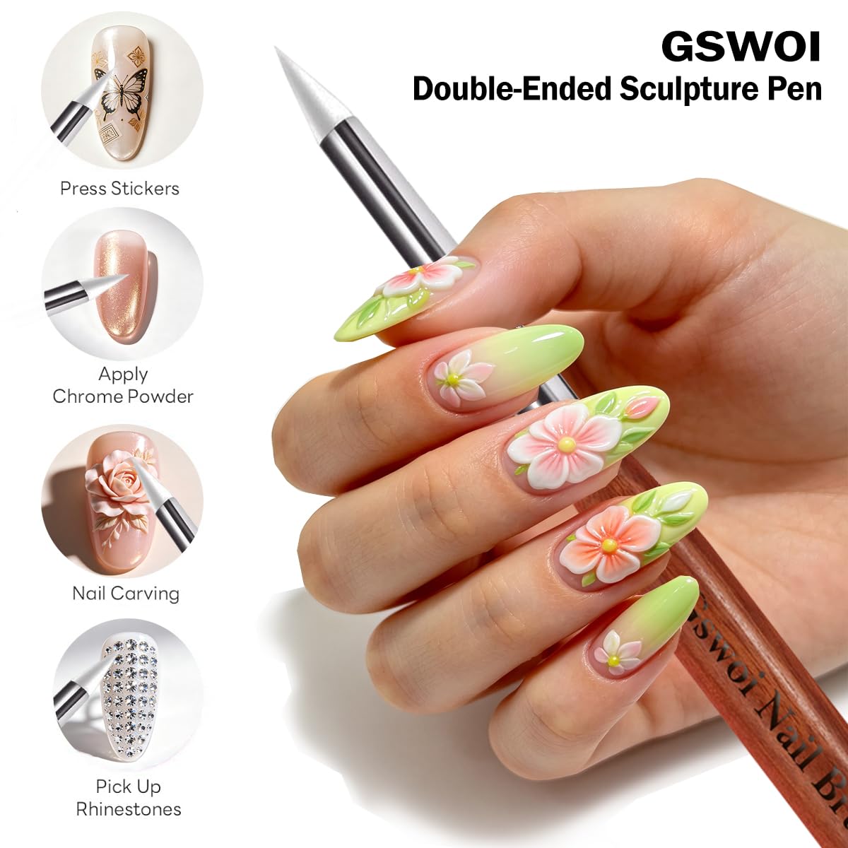 GSWOI Dual Head Acrylic Nail Brush-Carving & Silicone Drawing Embossing for Builder Gel,Polygel & Design-Wood Handle & Metal Caps