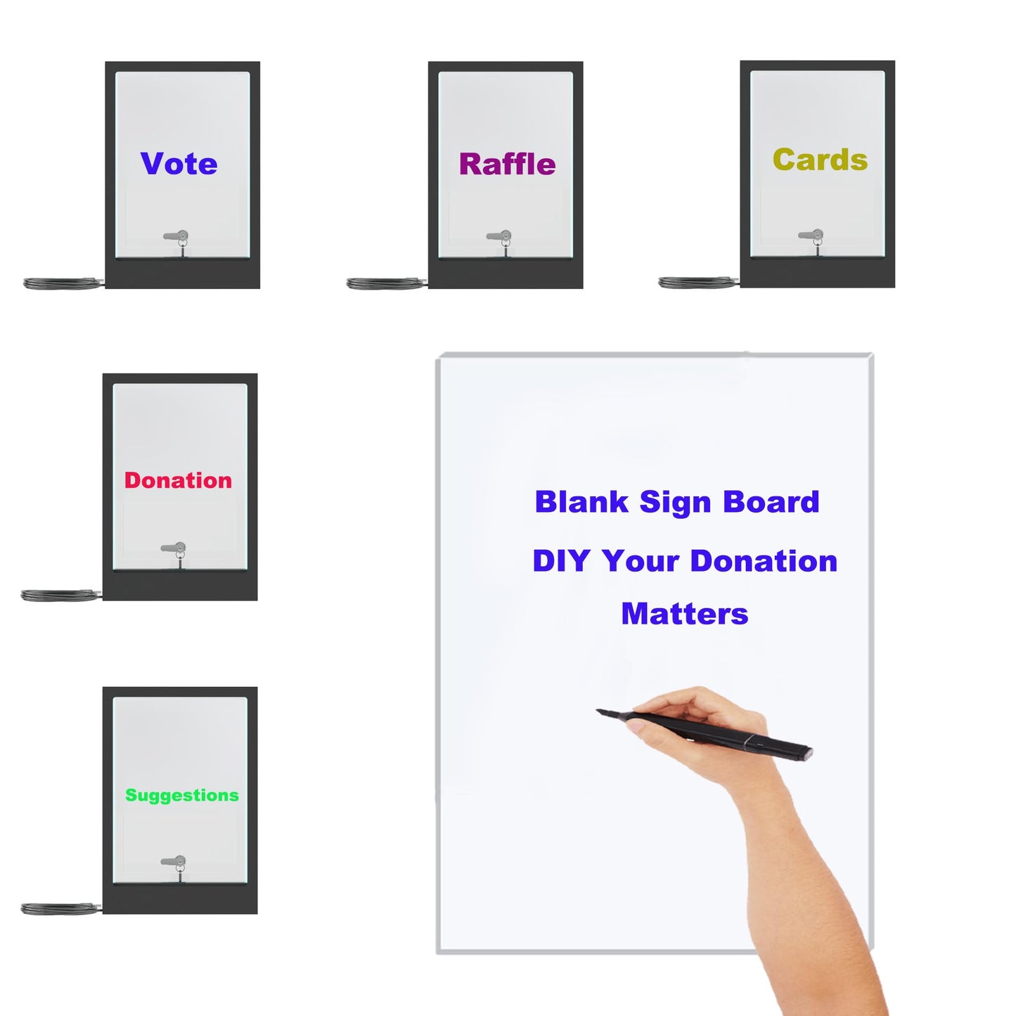 HEMYLU Tip Jar with 2 Sign Holders, LED Light & Lock for Bar & Party, Donation Box with Sign Holder ''Tips! Thank You!'', Suggestion Box with DIY Blank Sign Holder for Getting Cards, Voting & Ballots
