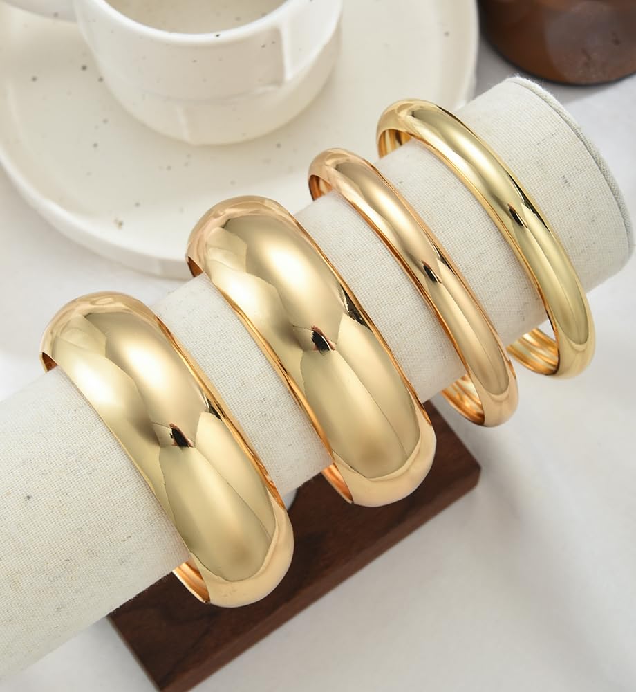 Chunky Gold Bangle Bracelets for Women, Dainty 14k Gold Plated Big Stackable Bangles Set, Trendy Statement Cuff Bracelet Stack Fashion Jewelry Gifts (4 chunky gold bangles)