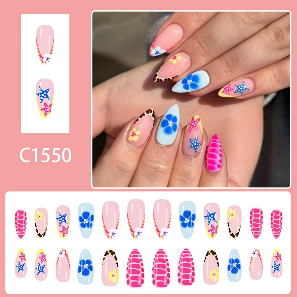Almond Press on Nails Medium Fake Nails with Blue Flower Design Glossy Starfish False Nail Turtle Shell Leopard Prints Nail Press ons Reusable Spring Summer Acrylic Nail for Women Manicure 24Pcs