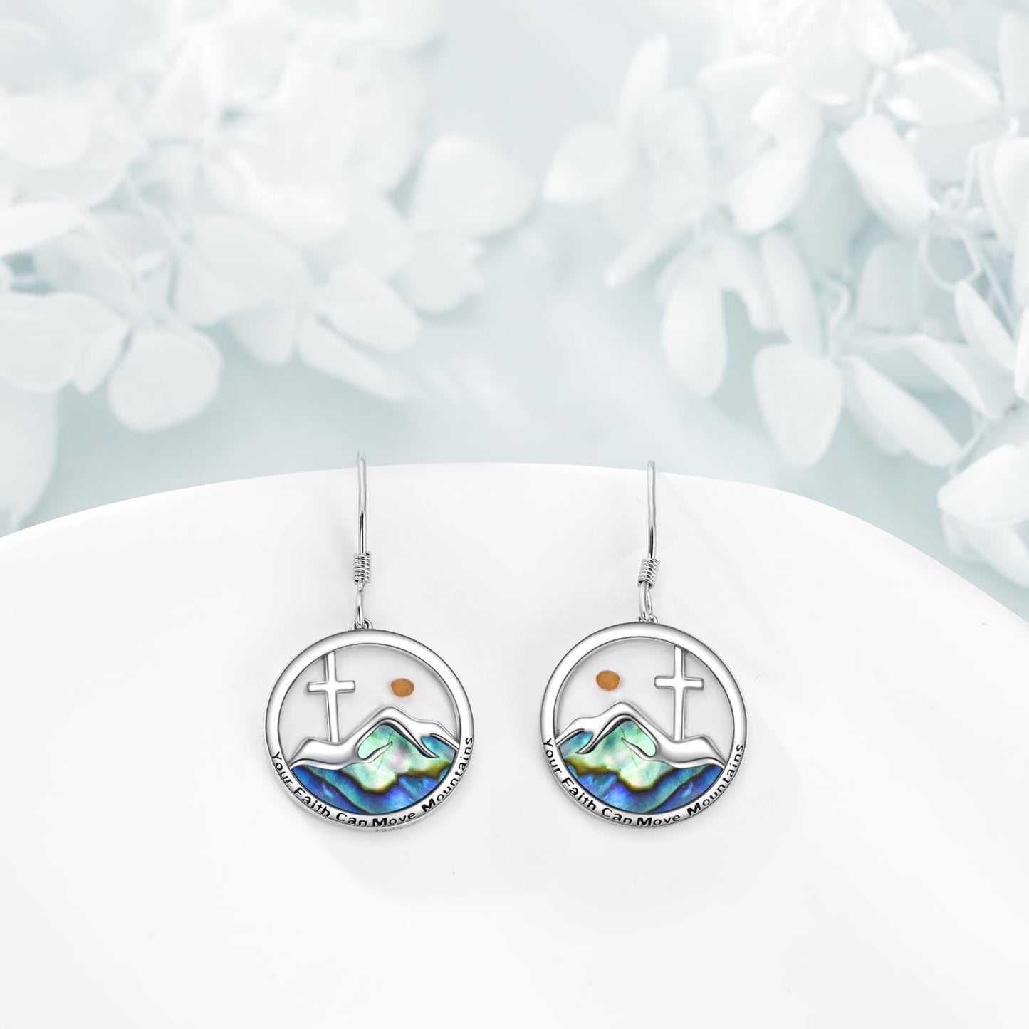 AOBOCO Mustard Seed Cross Earrings 925 Sterling Silver Mountain Dangle Hook Earring Christian Jewelry Gifts for Women(Round Mountain Cross Hooks)