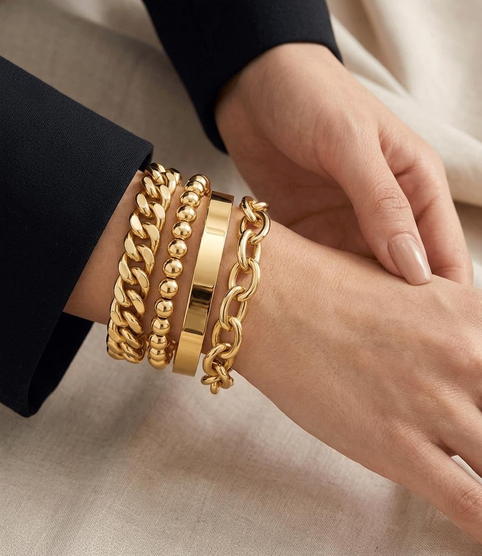 Chunky Gold Bracelet Stack for Women Non Tainish, Chunky Stackable Thick Bracelets Set for Women, Gold Plated Large Bracelet Stack With Bangle Beaded Cuban Paperclip Chain Jewelry Gifts for Mom Her