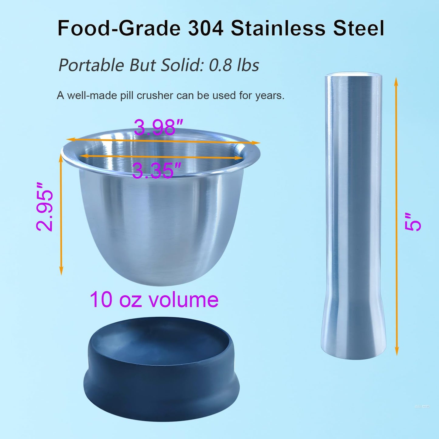 Pill Crusher Fine Powder, Mortar and Pestle Set for Large, Small and Multiple Pills, Solves Common Pill Grinder Issues - Solid 304 Stainless Steel, 10 oz