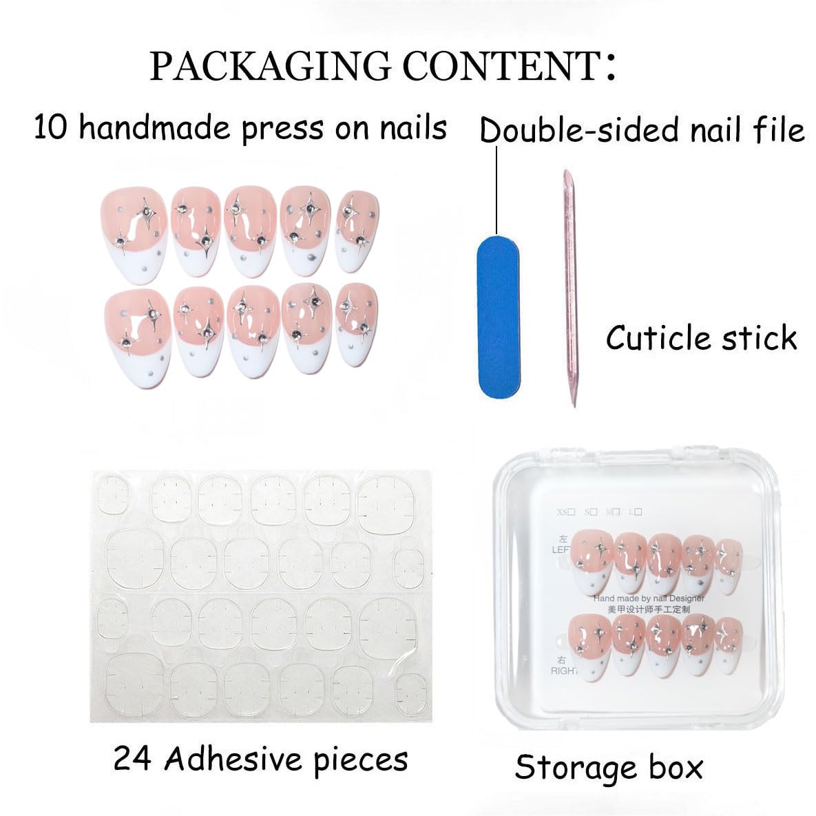 10 Pcs Short Almond Handmade Press On Nails | French Tip with Silver Starburst & Rhinestone Accents | Reusable, Easy to Apply & Remove, Salon-Quality Manicure (RR10, M)