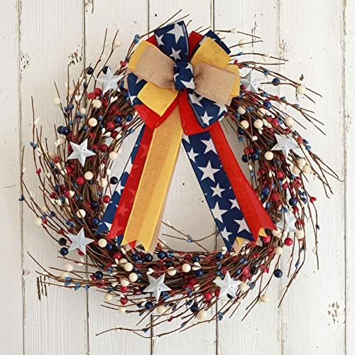 Meseey 1 Pcs Large Red and Blue Patriotic Bow Yellow Deployment of Troops Ribbon Bow for Bunting Wreath Holiday Independence Day 4th of July Party Door Wall Decoration (Patriotic)
