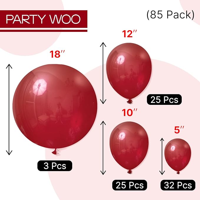 PartyWoo Burgundy Balloons 85 pcs Different Sizes of 18 12 10 5 Inch Dark Chestnut Red Maroon Balloon Arch Kit Garland for Birthday Graduation Anniversary Cherry Casino Party Decorations Red-Y62