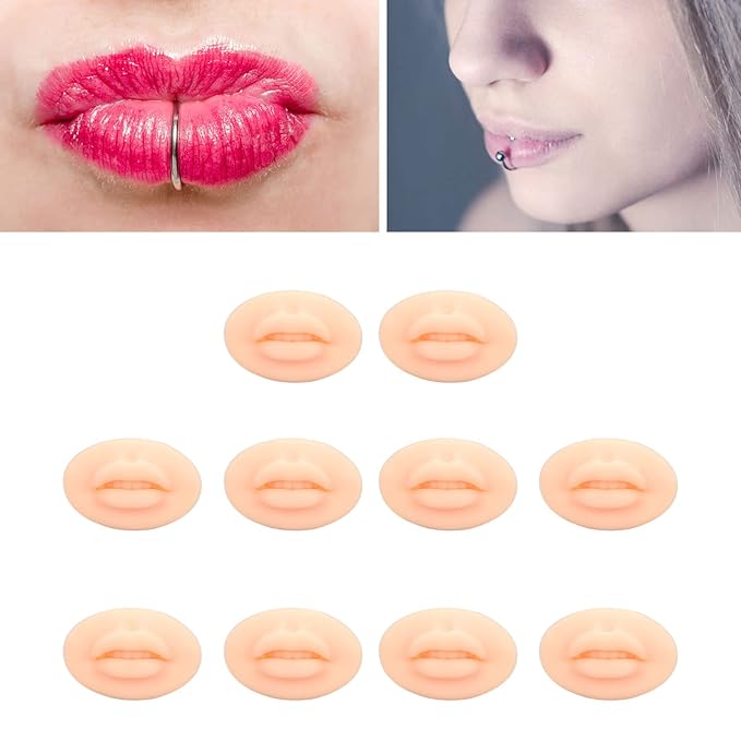 Dioche Fake Lips, 10PCS 3D Practice Silicone Lips Practice Lips Open Mouth Silicone 3D Fake Lips for Semi Permanent Training (Light Skin Colour)