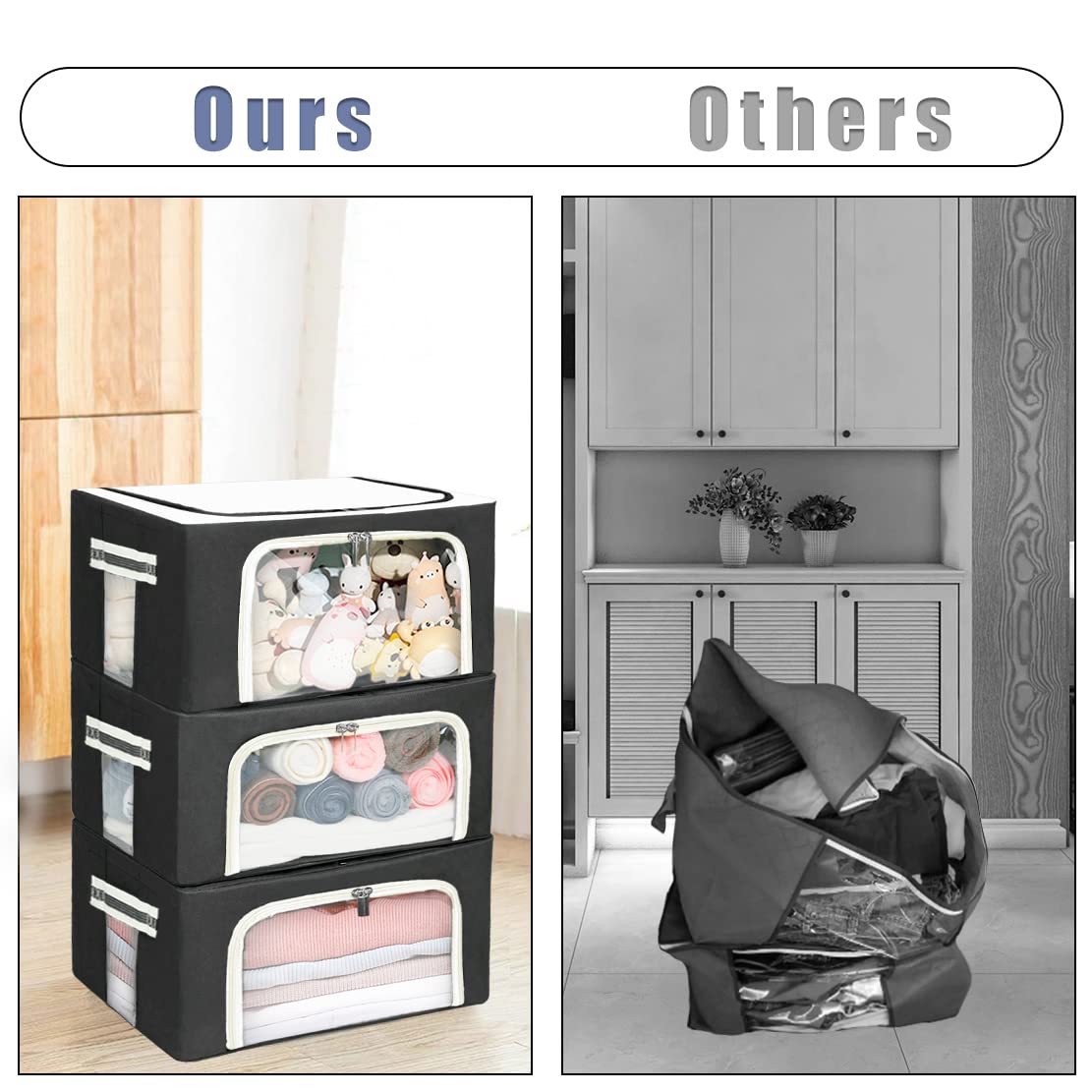 Stackable Clothes Storage Box for Clothing Gadgets,Steel Frame Storage Bins for Toys Gift,Foldable Oxford Fabric Closet Organizer Bag Set w/Carry Handles Clear Window (Small- 22L x3 Pack, Black)