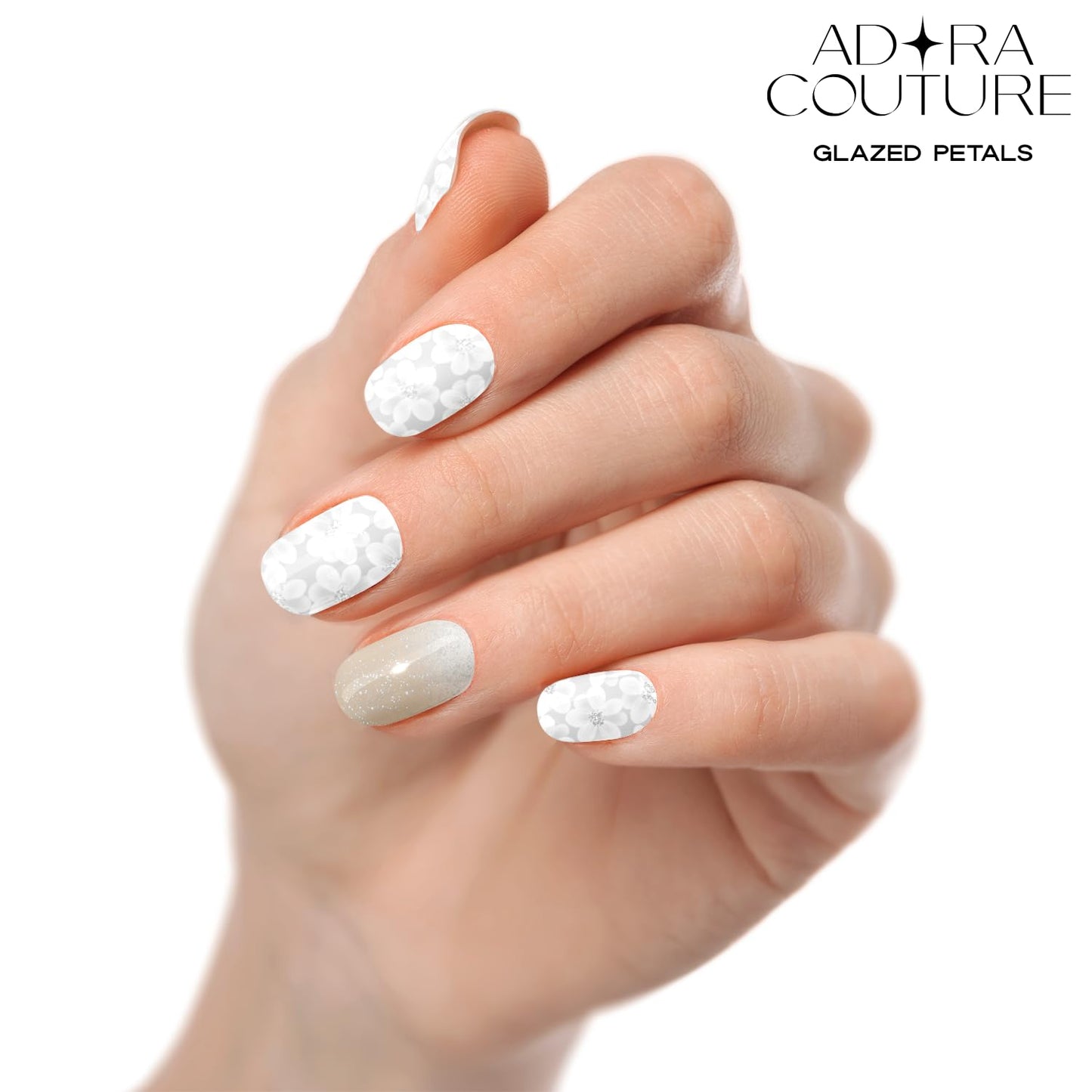 Adora Couture Semi Cured Gel Nail Strips with 20 Pieces - UV Gel Stickers, Manicure Kit, Easy Application Wraps Includes Prep Pads, Nail File, Wooden Stick - UV Light Required (Glazed Petals)
