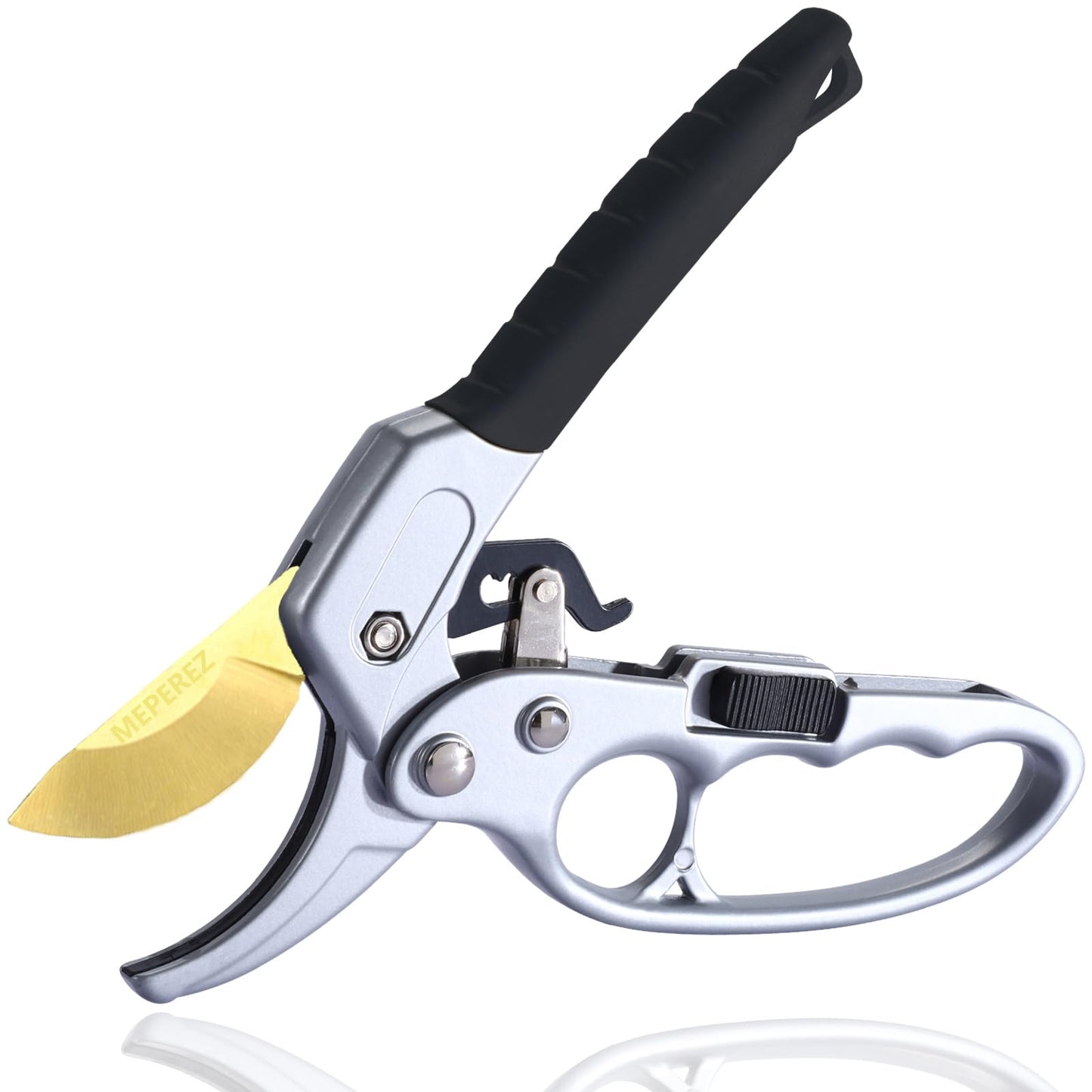 MEPEREZ Garden Clippers, Premium Germany Titanium Pruners, Work 3 Times Easier, Ratcheting Pruning Shears, Cutting Rose, Flower, Hedge, Stem, Tree, Sharp Gardening Scissors, Arthritis Weak Hand Snips