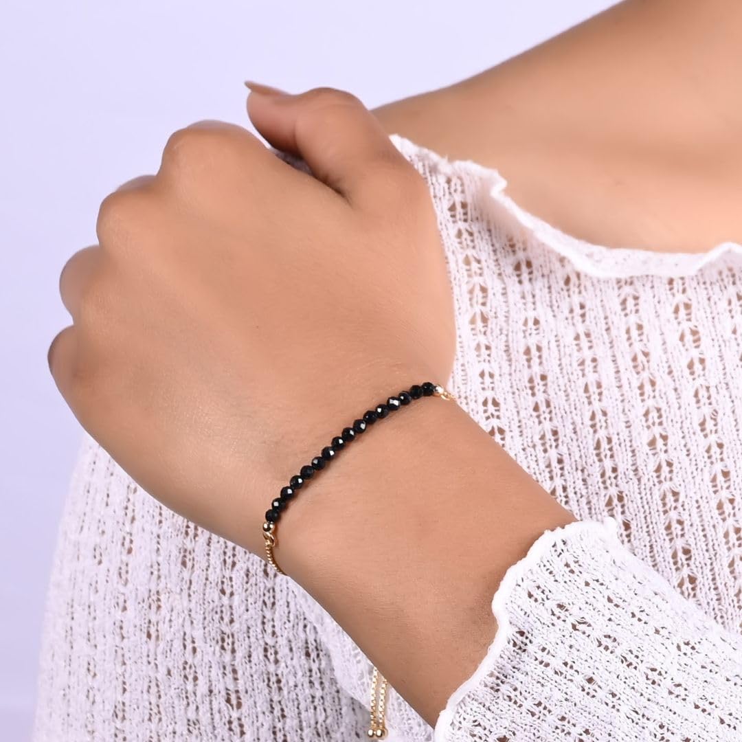 Gempires Midnight Blue Sapphire Beaded Bracelet, Birthstone Bracelet, September Birthstone, Bolo Beads Bracelet, Gift for Her, 14k Gold Plated Chain (6-9inch Adjustable Length)