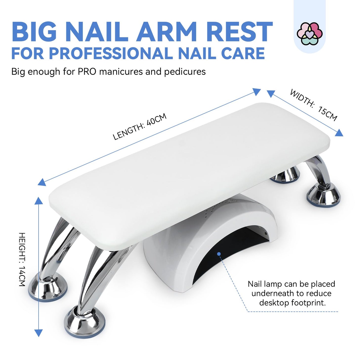 SAVILAND Arm Rest for Nails Tech Professional: 15.7" Full-Length Nail Arm Rest for White Super-Comfort Big Nail Arm Rest with Microfiber Leather Mat Height Hand Pillow Cushion Nail Salon Manicure