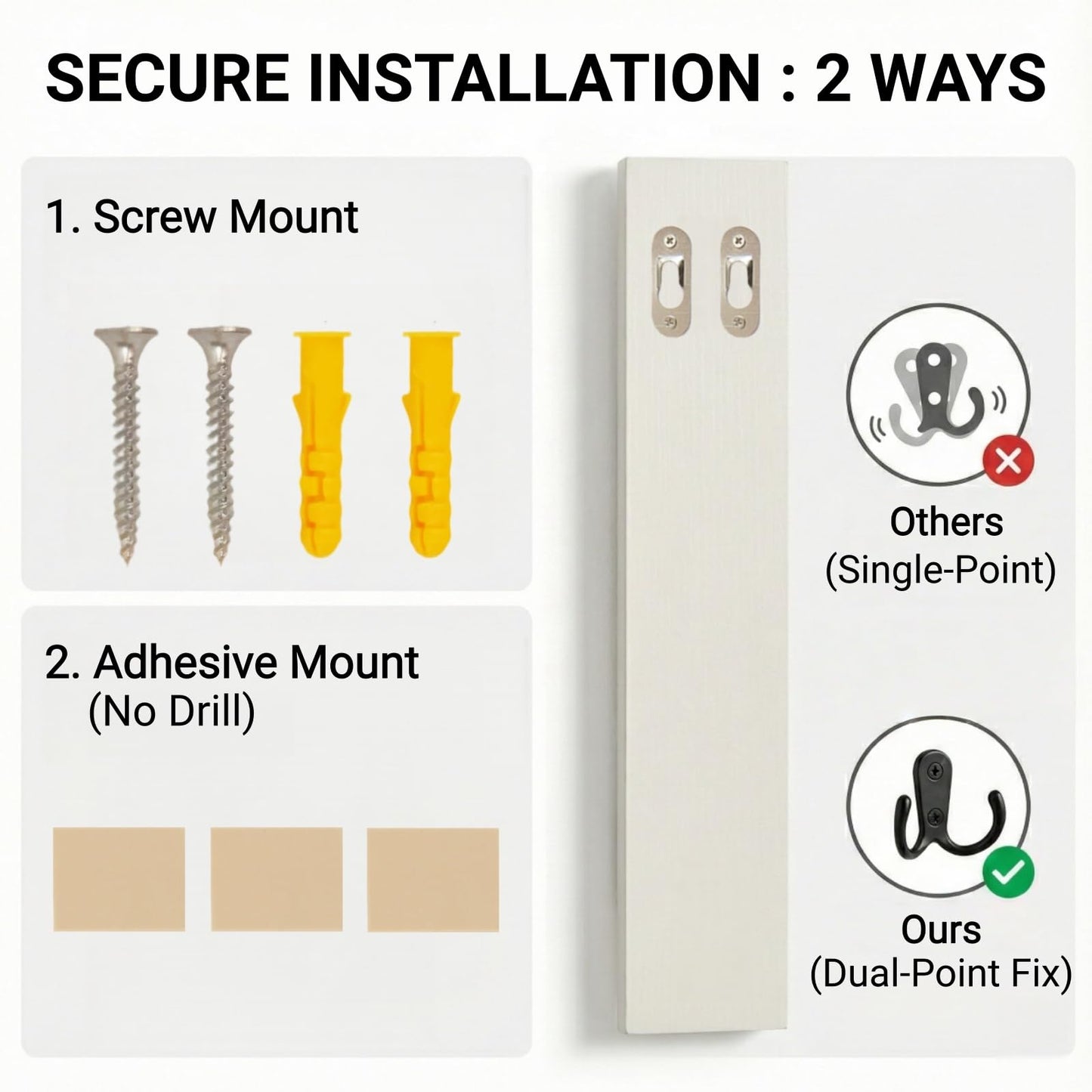 Vertical Key Holder for Wall & Dog Leash Holder – Solid Wood Wall Mount Key Rack with 8 Hooks – Small Space Saving Entryway Organizer for Keys, Lanyards, Masks (Adhesive or Screws) (White)