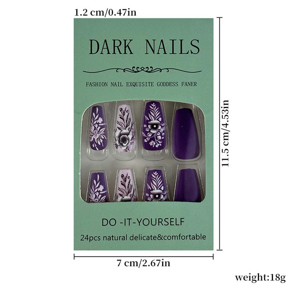 Medium Press On Nails Coffin Fake Nails Flower With Leaf Design Purple False Nails Full Cover Artificial Glue On Nail Full Cover Matte Acrylic Stick On Nail For Women Spring Nails 24pcs