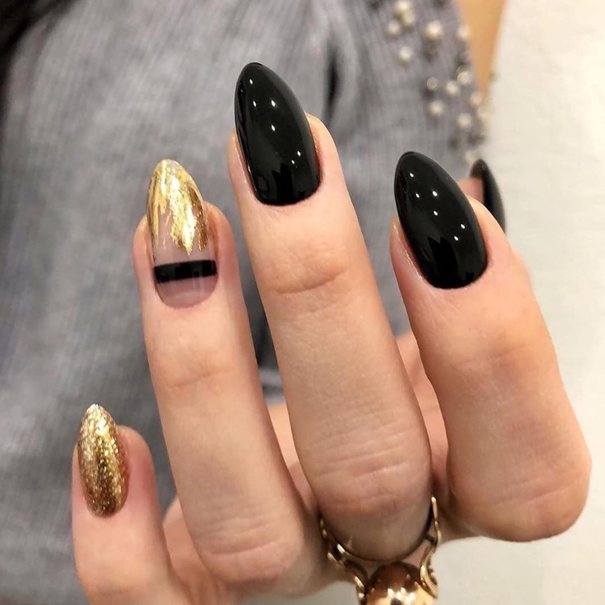 4 Packs (96 Pcs) Press on Nails Medium Gold & Black Almond Design, MMonesu Matte Fake Nails Glue on Nails Set with Adhesive Tabs Nail File for Women