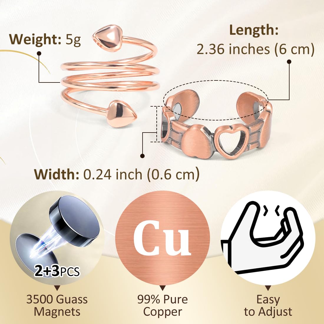 Vicmag 2PCS Magnetic Copper Rings for Women & Men,99.99% Pure Copper Ring with 9X Magnets Gift Adjustable(Heart & Love)