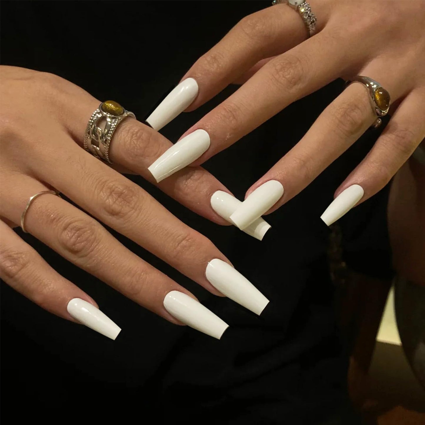 IMSOHOT White Press on Nails Long Coffin Fake Nails Full Cover Glossy Glue on Nails Ballerina Acrylic Nail Supplies Solid Color Artificial False Nails