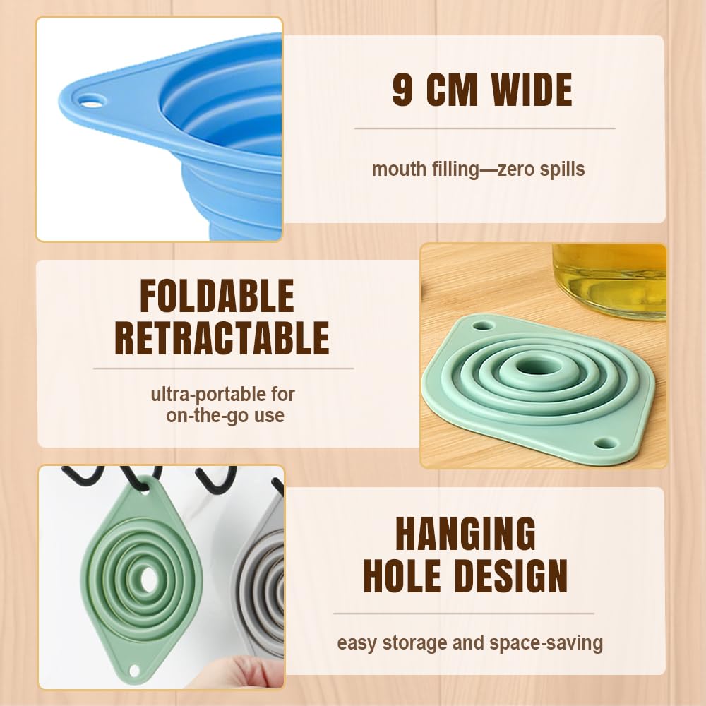 Kitchen Funnel Set, 2025 New Food Grade Silicone Collapsible Small Funnel for Kitchen Use, Kitchen Funnels for Filling Water Bottle Liquid Transfer Kitchen Gadgets (3 pcs)